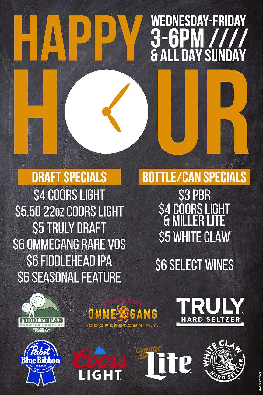 Happy Hour Wednesday through Friday from 3 PM - 6 PM and All Day Sunday Draft Specials from $4 - $6 and bottle/can beer/wine specials from $3 - $6